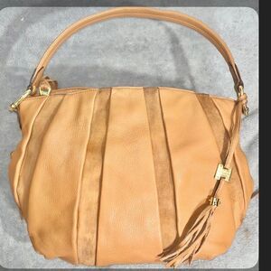 076--Aimee Kestenberg Camel Color Leather& Suede Crescent Hobo Style Handbag